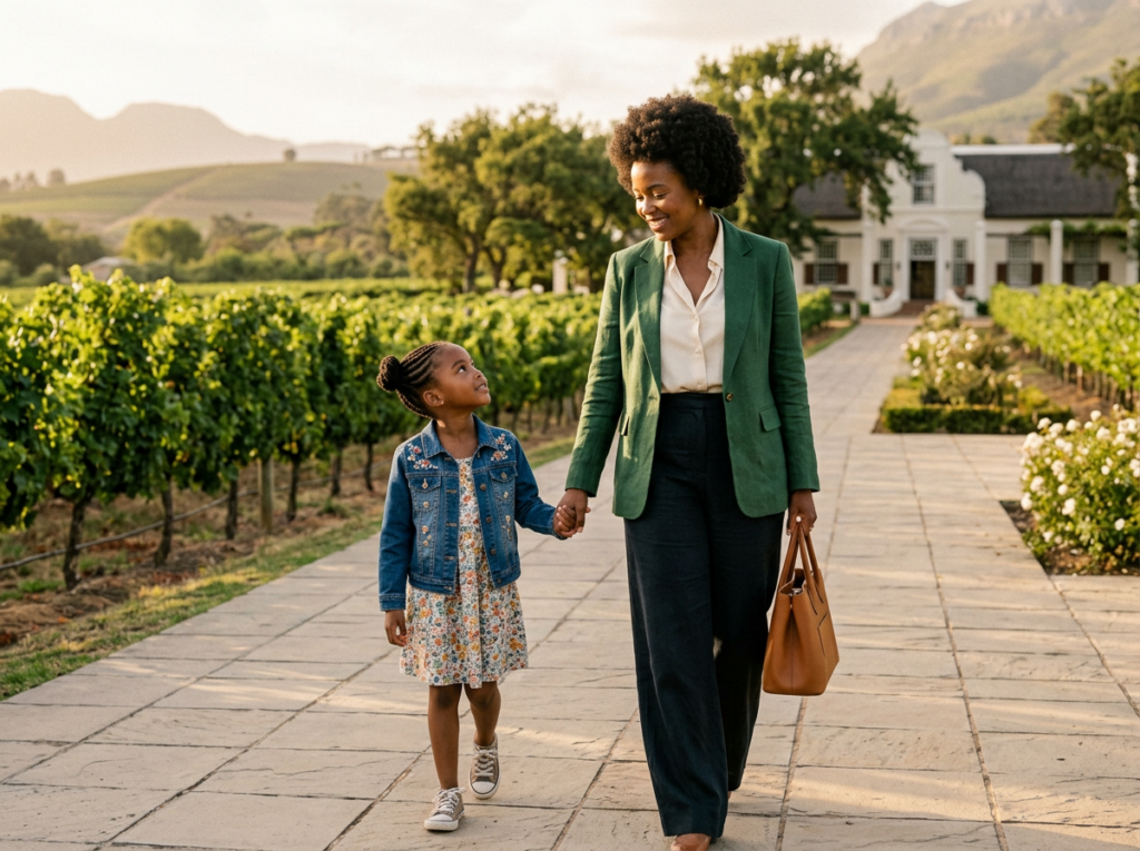 A South African women walking hand in hand with her duaghetr talking about how far South Africa has with women's rights and how important financial stability is.